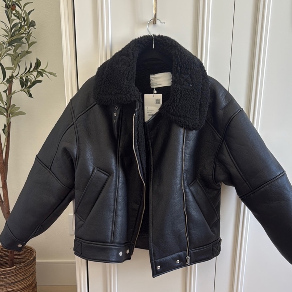 OAK + FORT Black Faux Leather Jacket with Plush Collar